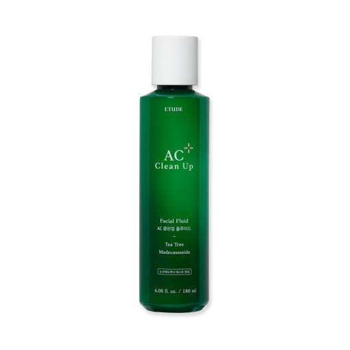 ETUDE AC Clean Up Facial Fluid 180ml in green bottle with hydrating formula featuring tea tree and madecassoside benefits