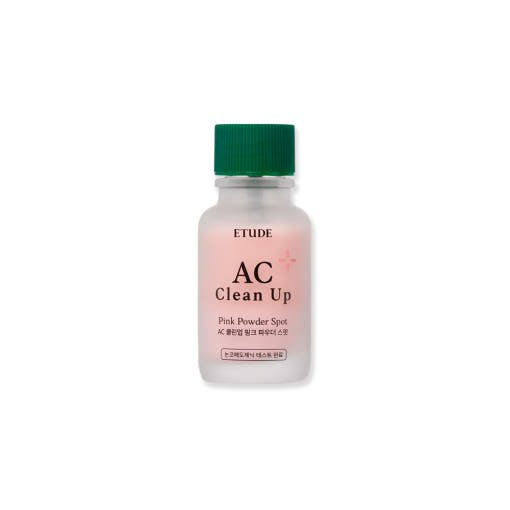 ETUDE AC Clean Up Pink Powder Spot 15ml bottle with green cap, promoting rapid relief for blemishes and spots