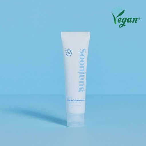 ETUDE Soonjung 2x Barrier Intensive Cream 60ml tube on blue background with vegan emblem for deep hydration benefits