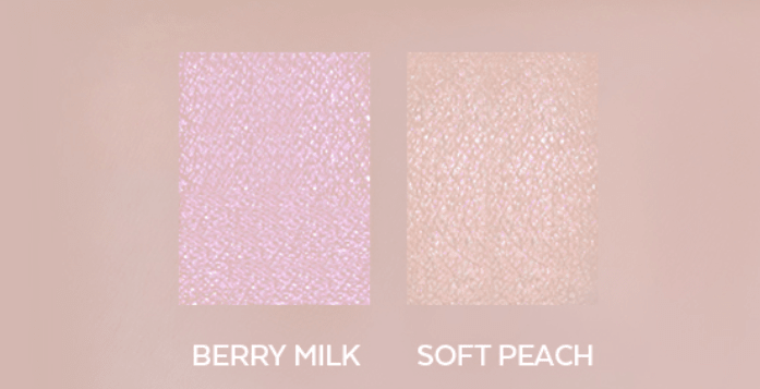 A'pieu Juicy Pang Gleaming Highlighter 4.7g (2 Colors) showing translucent glow shades Berry Milk and Soft Peach textured swatches