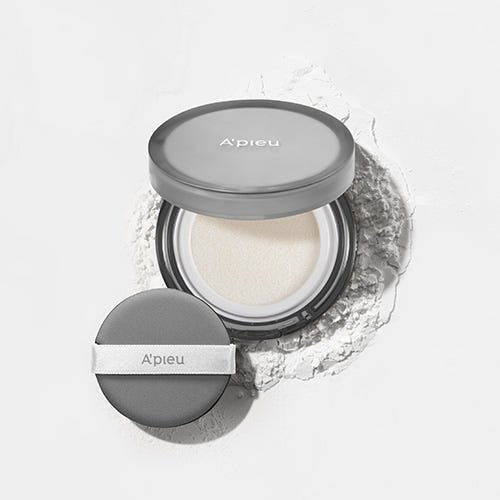 A'pieu Waterlock Finisher Super Velvet 13g in gray compact with white finishing powder and sponge for sebum control