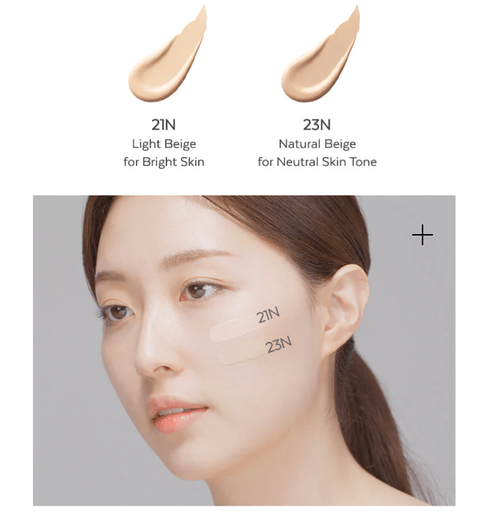 A'pieu Waterlock Cushion SPF50+ PA++++ 15g (2 Colors) showing 21N Light Beige and 23N Natural Beige shades on model’s skin for hydration boost