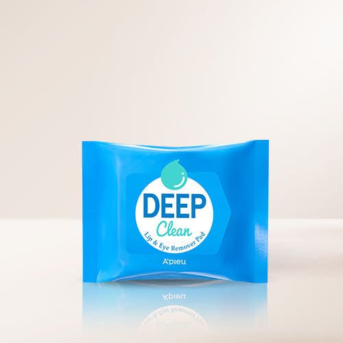 A'pieu Deep Clean Lip & Eye Remover Pad 37g/20ea in bright blue package with deep cleansing benefit displayed