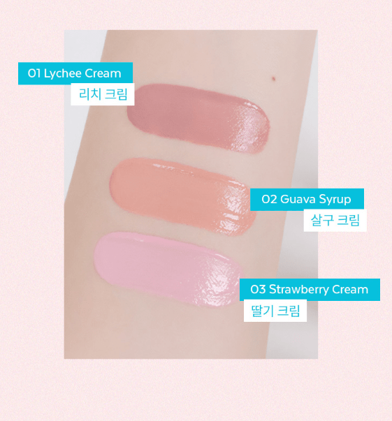 A'pieu Juicy Pang Bare Cream Blush Mini 2.3g (3 Colors) swatches showing lychee, guava, and strawberry shades