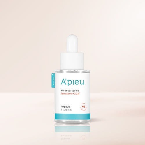 A'pieu Madecassoside Tetrasome CICA Ampoule 30ml with a clear glass dropper bottle for instant calming skincare