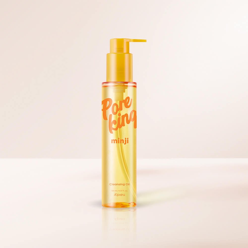 A'pieu Pore King Minji Cleansing Oil 150ml transparent pump bottle with gentle cleansing formula on neutral background