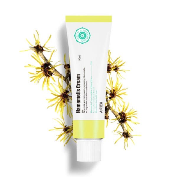 A'pieu Hamamelis Cream 50ml in white and yellow tube with witch hazel flowers for hydration boost benefits