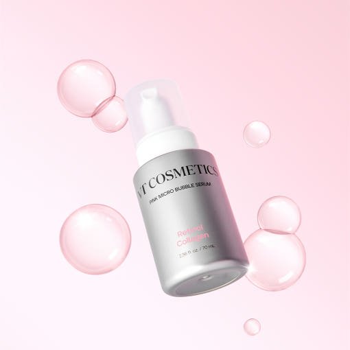 VT Reto Collagen Pink Micro Bubble Serum 70ml in sleek silver bottle with pink bubble design reducing fine lines
