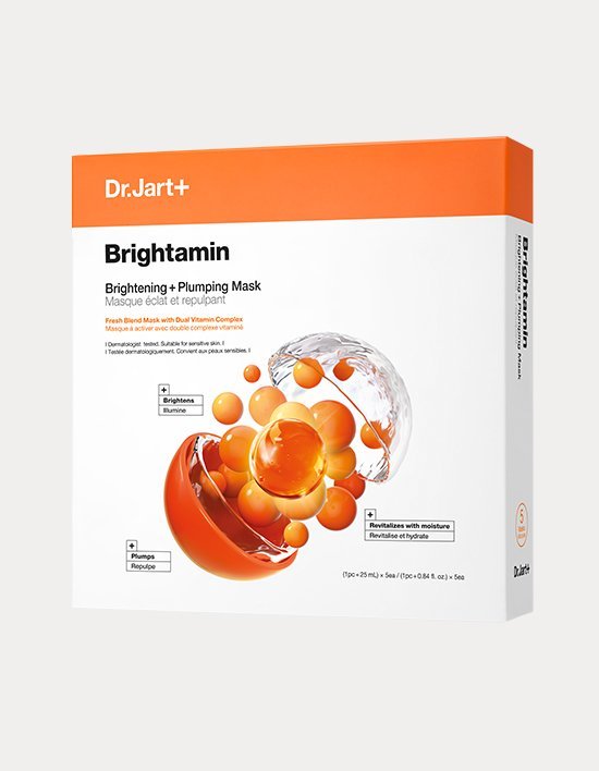 Dr.jart+ Brightamin Brightening + Plumping Face Mask With Vitamin C 25ml X 5ea box highlighting instant brightening and plumping benefits