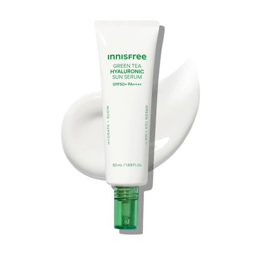 White tube of sun serum with green cap and smooth creamy texture highlighting broad spectrum protection benefits