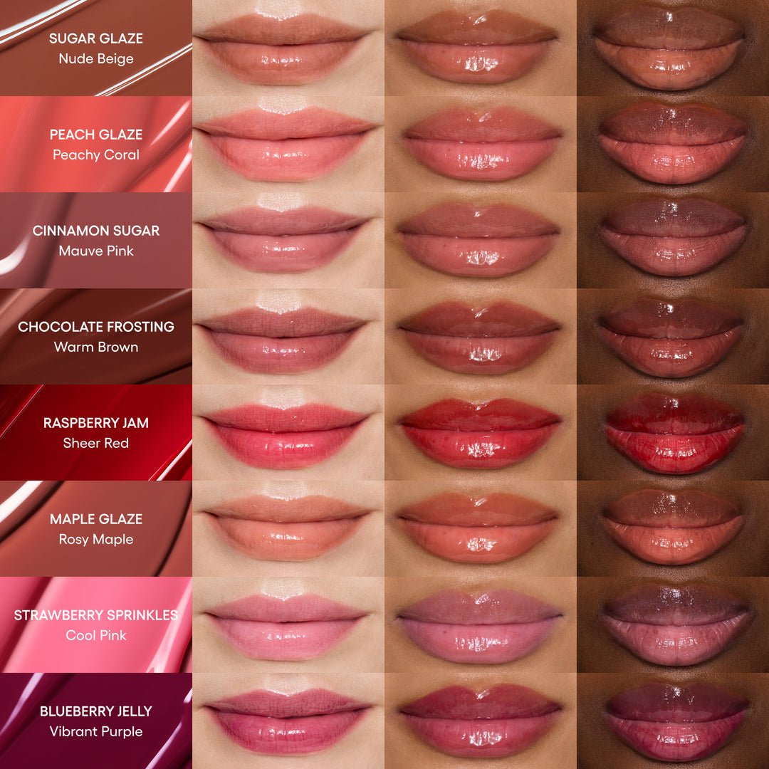 LANEIGE Glaze Craze Tinted Lip Serum 15g showing 9 shades on diverse skin tones with hydrating glossy finish