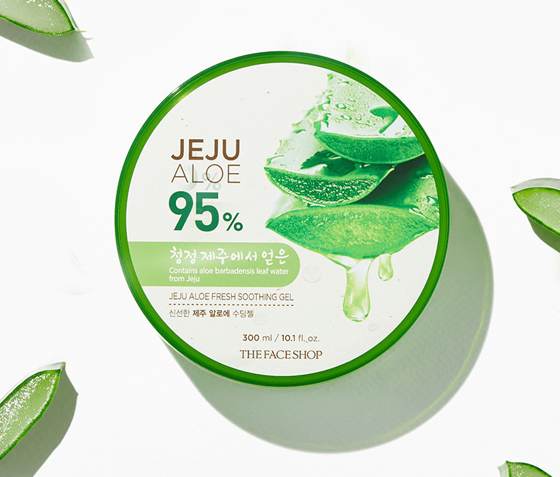 Round container of soothing gel featuring aloe vera leaf extract with fresh green and white minimal design on white background