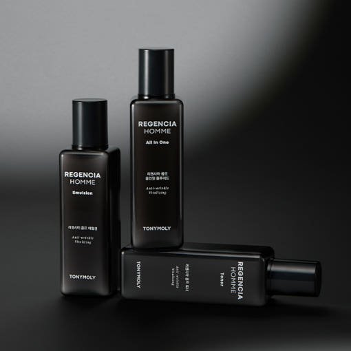 Black matte skincare bottles from TONYMOLY Regencia Homme set focusing on revitalizing and hydrating skin.