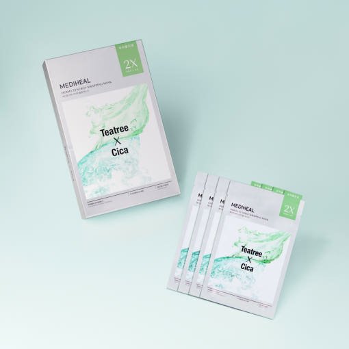 Box and four individual sheet mask packets featuring green and blue water splash design with Tea Tree and Cica text
