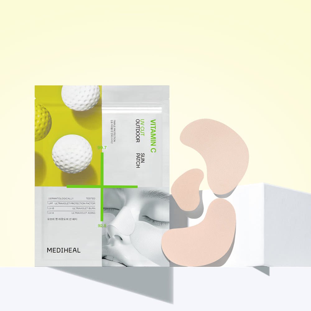 Four beige curved adhesive sun patches beside a yellow and white golf ball-themed package with UV protection details