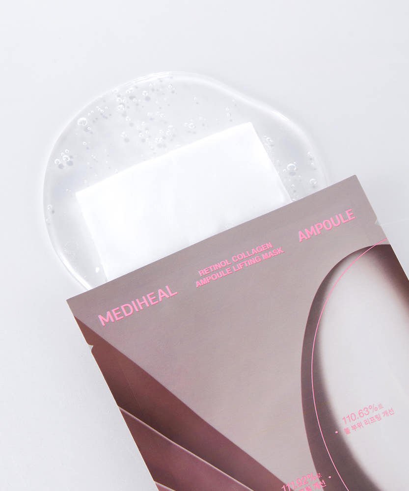 Open skincare mask pouch resting on a clear gel serum drop highlighting lifting and collagen benefits