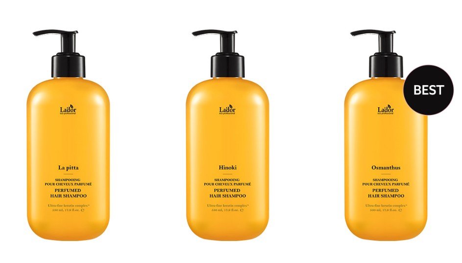 Three amber pump bottles of perfumed hair shampoo with nourishing formula, each labeled with different scent names.