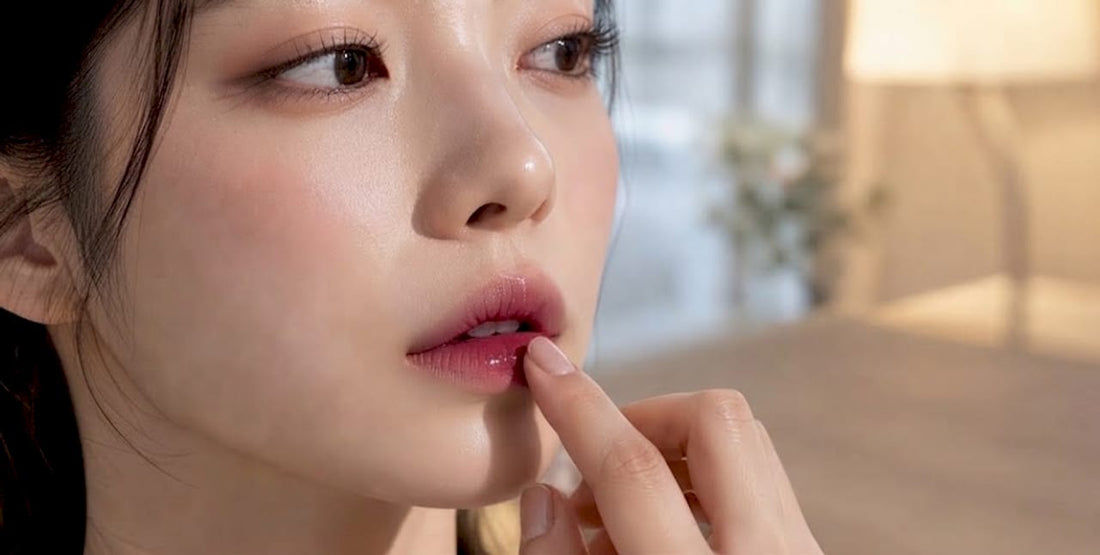 Close up of a woman touching her glossy pink lips with one finger in a warmly lit room