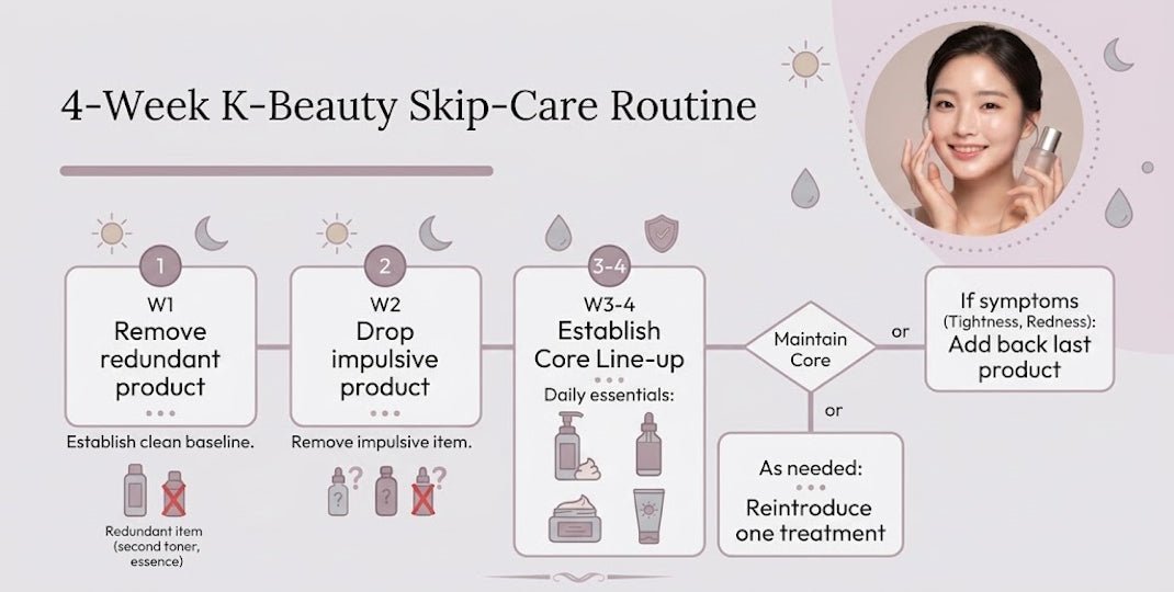 Four-week K-beauty skip-care infographic showing product reduction, core lineup, and maintenance steps with a woman