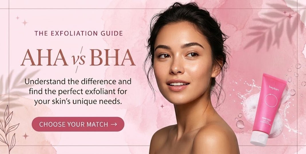 Pink AHA versus BHA exfoliation guide featuring a woman pink tube and Choose Your Match button for exfoliant needs