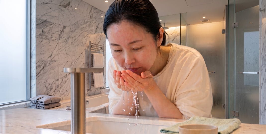 Woman cupping water to rinse her face over a bathroom sink beside folded towels