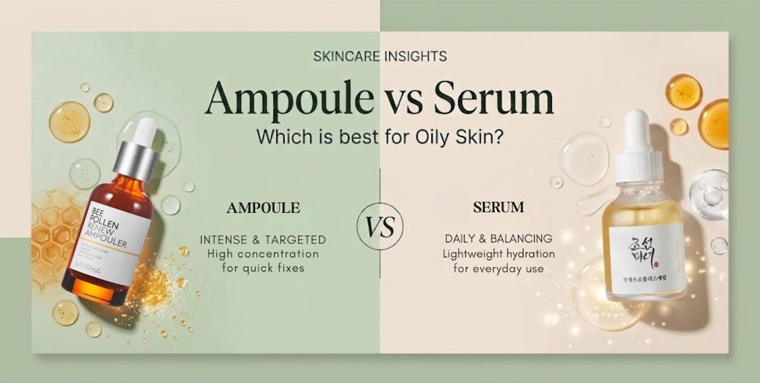 Skincare infographic comparing ampoule and serum with bottles and ingredient droplets for oily skin concerns