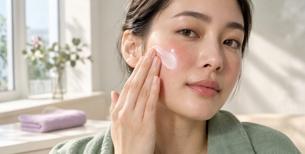 Woman gently applying pink skincare cream to her cheek in a bright room while wearing a soft green robe at home
