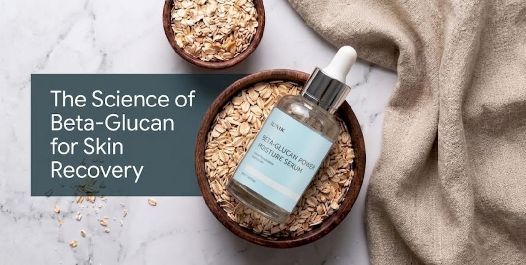 Beta glucan serum bottle nestled in oats beside text about skin recovery and a beige cloth