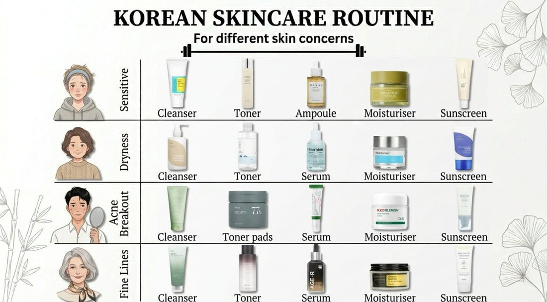 Korean skincare routine chart with products for different skin concerns