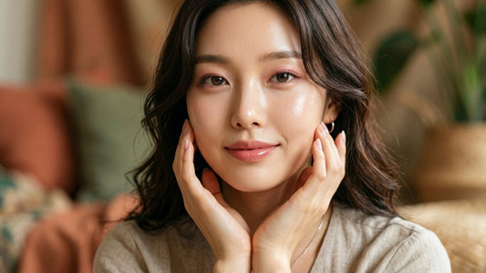 Close-up of a young woman with wavy hair and natural glow, smiling gently in a cozy indoor setting.