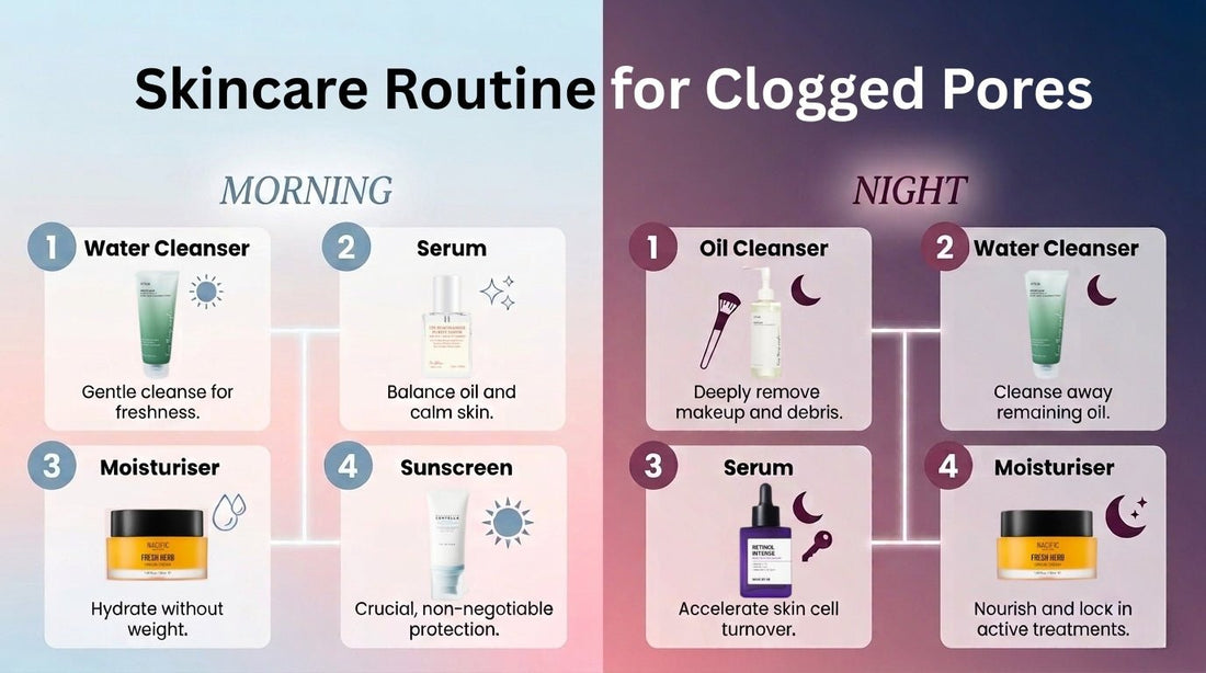 Skincare routine for clogged pores with morning and night steps.