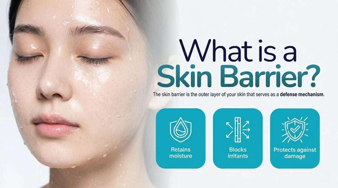 Close-up of a woman's face illustrating skin barrier benefits: moisture retention, irritant blocking, and damage protection.