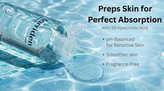 Hyoriden water bottle on a poolside, highlighting 5D Hyaluronic Acid for pH balance, smoother skin and fragrance-free formula