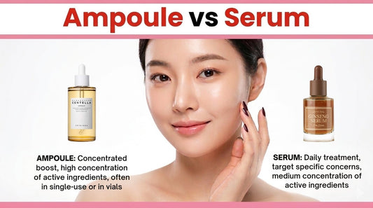 Skincare comparison: ampoule (high concentration) on left and serum (daily treatment) on right, with a smiling woman.