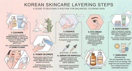Korean skincare layering steps infographic: cleansing, toning, essence, serum, eye cream, moisturizer, and sunscreen guide.