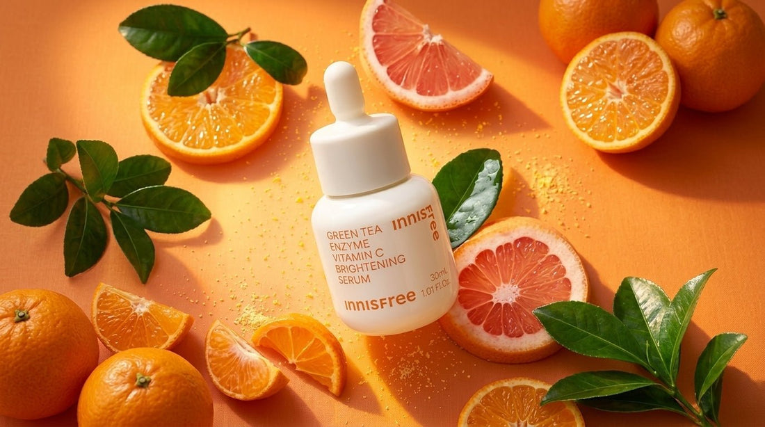 Innisfree Green Tea Enzyme Vitamin C Brightening Serum on an orange background, surrounded by orange slices and green leaves.