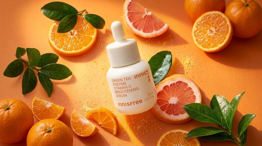 Innisfree Green Tea Enzyme Vitamin C Brightening Serum on an orange background, surrounded by orange slices and green leaves.