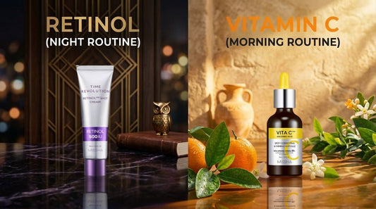 Skincare: Retinol for night on the left and Vitamin C serum for morning on the right, with decorative oranges and flowers.