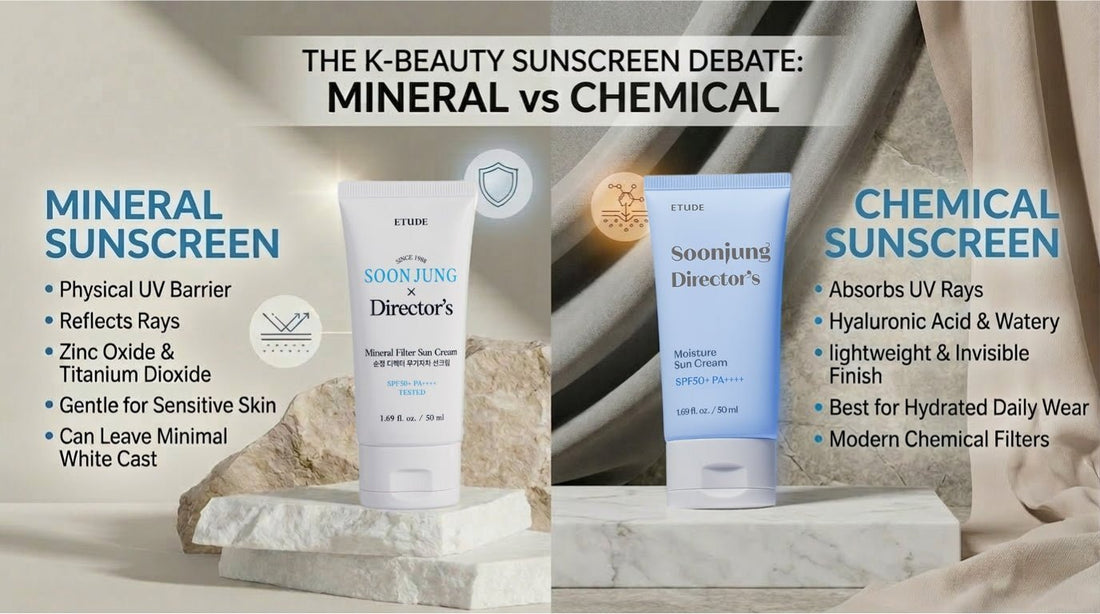 Infographic comparing mineral and chemical sunscreens, highlighting key ingredients, benefits, and suitability for skin types