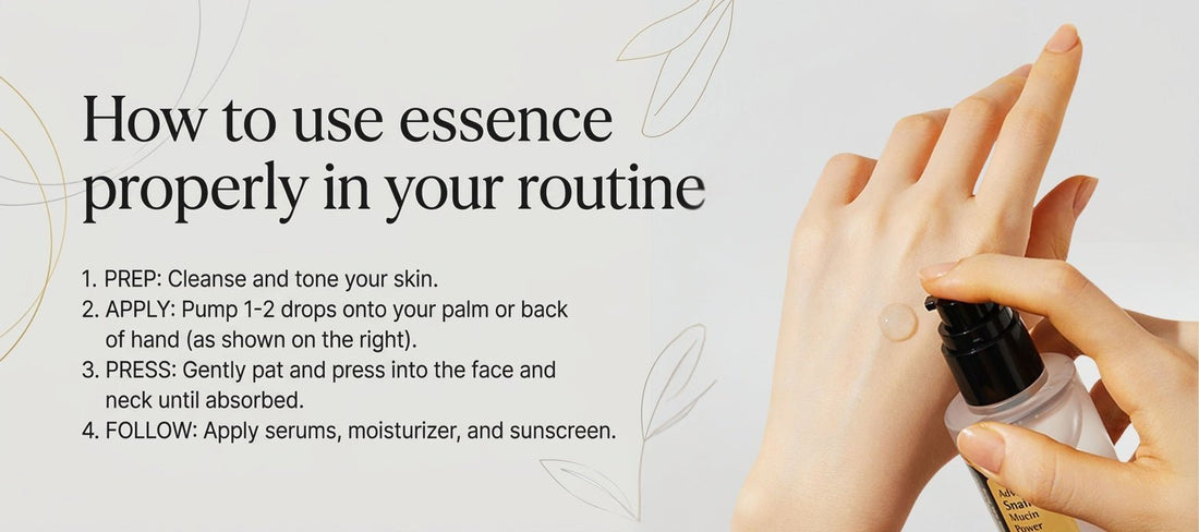 Guide on how to use essence in skincare: cleanse, apply drops, press into the face/neck, follow with serums and sunscreen.