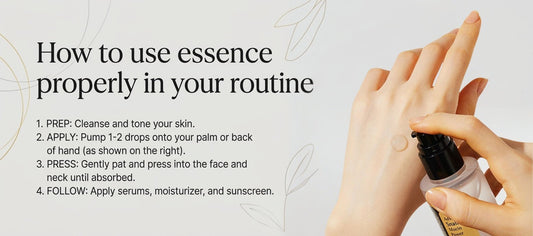Guide on how to use essence in skincare: cleanse, apply drops, press into the face/neck, follow with serums and sunscreen.