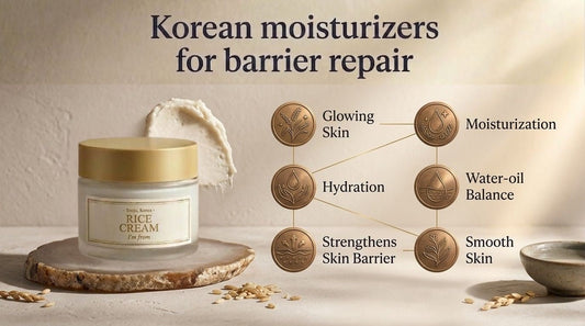 Korean moisturizers for barrier repair, featuring rice cream. Benefits: glowing skin, hydration, moisture, and smooth skin.