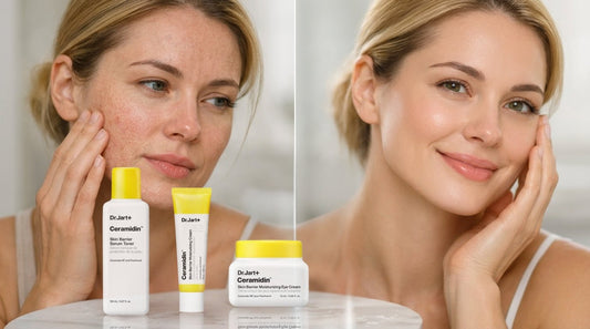 Before and after skincare results, featuring a woman with textured skin on the left and smooth skin on the right, alongside Dr. Jart+ Ceramidin products.