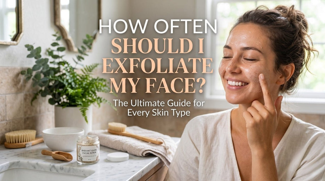 Woman smiling while applying exfoliant cream to her cheek in a bright bathroom with skincare products on the counter