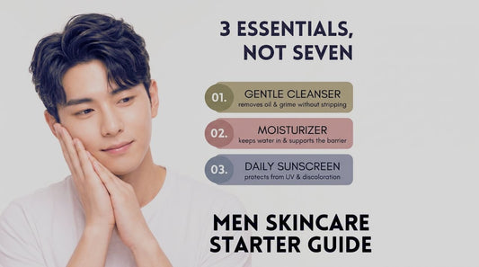 Man with clear skin resting his face on hands next to text listing three essential men's skincare steps.
