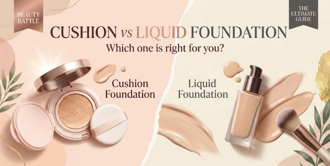 Cushion versus liquid foundation infographic comparing compact makeup and pump bottle with swatches and brushes