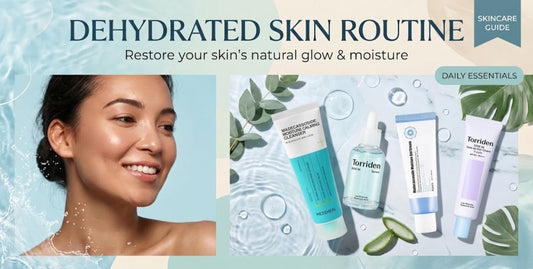 Dehydrated skin routine graphic featuring a smiling woman, moisturizing skincare items, and a daily essentials label