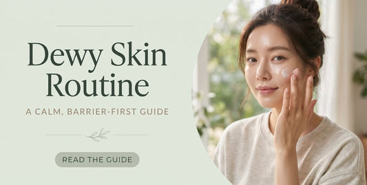 Dewy Skin Routine guide graphic with a woman touching her cheek and a Read the Guide button beside calming skincare text