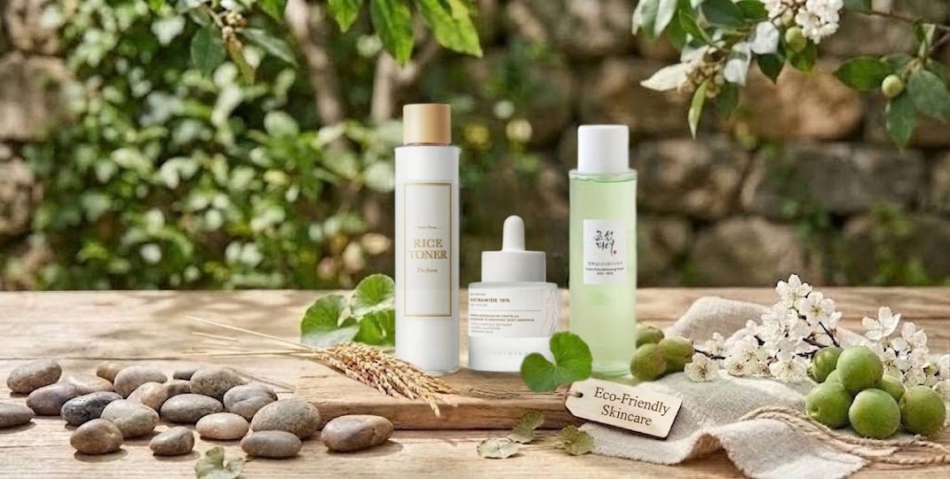 Skincare containers on a rustic table with smooth stones, green fruit, white blossoms, leaves, and an eco-friendly tag