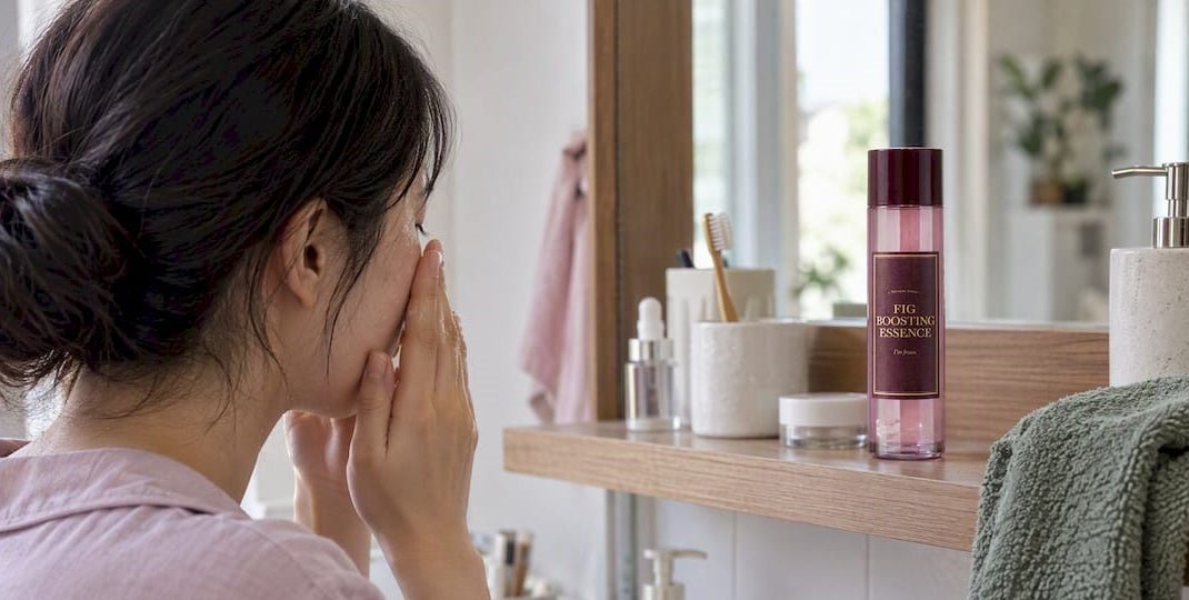 Woman applying skincare while looking in a bathroom mirror, with a bottle and toiletries arranged on a wooden shelf